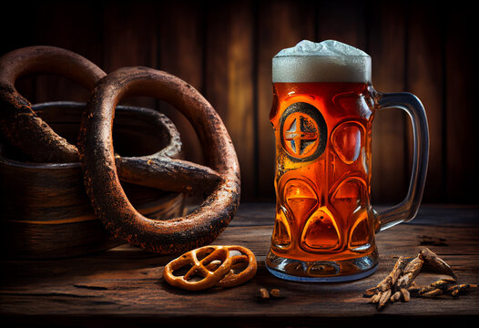 Beer and Pretzel on wooden background, Oktoberfest. Generate Ai.