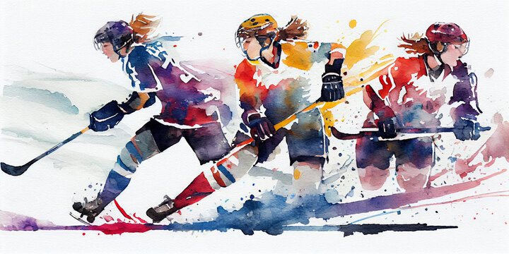 Ice Hockey And Female Empowerment: Watercolor Girls / Women Playing Hockey. Poster. Generative AI.