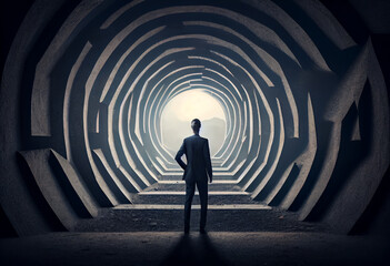 Businessman getting ready to enter a labyrinth concept. Generate Ai.