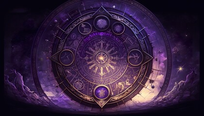 Purple astrological wheel zodiac symbol . Creative illustration. (Ai Generate) - obrazy, fototapety, plakaty