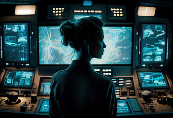 Captain stood on the bridge of the spaceship. Generate Ai.