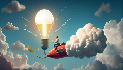 Poster Creative new idea, innovation start up business or inspiration to achieve success goal concept, businessman leader riding flying lightbulb lamp with rocket booster in the cloud sky. Generate Ai. © AI_images