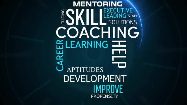 Coaching development training tag cloud video with neon line draw head border hud interface background animation