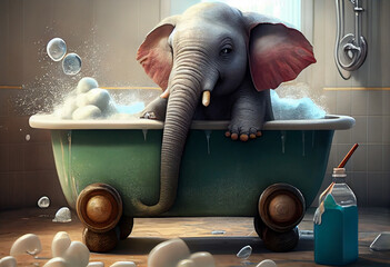 Cute elephant in bathtub , pets cleaning. Generate Ai.
