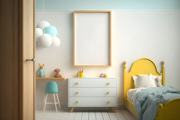 Blank Poster Frame Mockup in Modern Kid's Bedroom, 3D Render