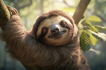 Fototapeta premium Funny Sloth Hanging on Tree Branch Wild Animal Portrait. AI generated
