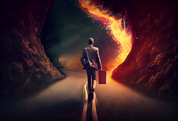 Determined businessman on his way to success go to the fire trails. Generate Ai.