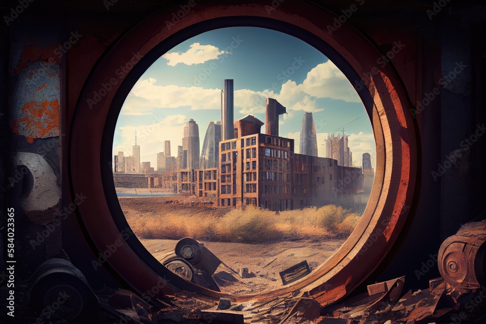 Wall mural industrial ruin, with view of modern city skyline in the background, created with generative ai