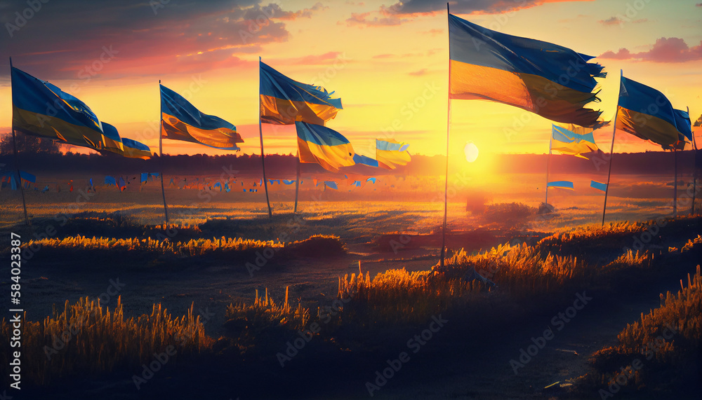 Wall mural Field of Ukrainian flags at Sunset. Generate Ai.