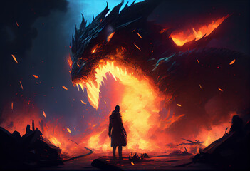 Fire breathes explode from a giant dragon in a black night, the epic battle evil concept. Generate Ai.