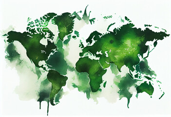 Illustrated map of the world with a isolated background. green heaven watercolor. Generate Ai.