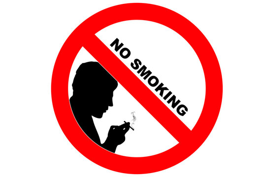Prohibiting sign with the inscription no smoking and the image of a silhouette of a man with a smoking cigarette in his hand on white isolated background