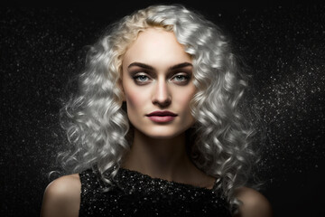 Woman in Black Dress Fashion Blond Woman with Curly hair. generative AI