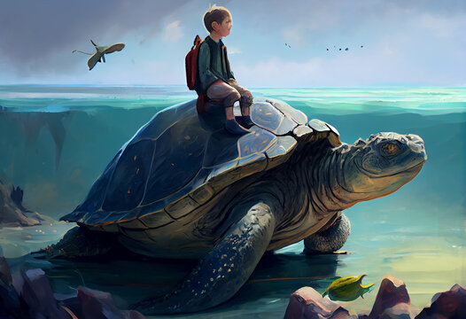 Boy Sitting on giant tortoise in the ocean, digital painting, ultra realistic. Generate Ai.
