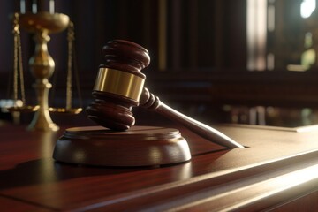 wooden gavel judge's desk law office legal procedure court photorealistic generative ai