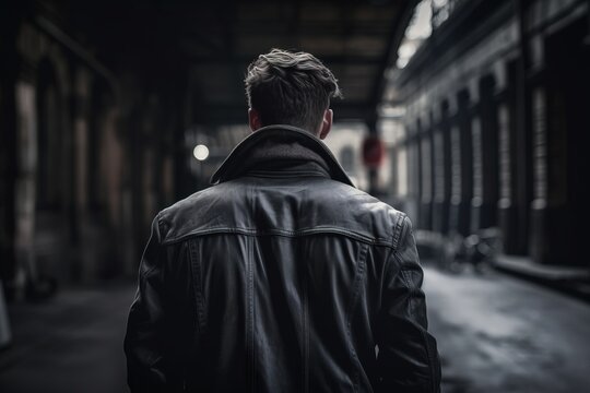  A Man In A Black Leather Jacket Walking Down A Dark Alley Way With A Light On The Side Of The Building And A Dark Alley Way To The Side.  Generative Ai