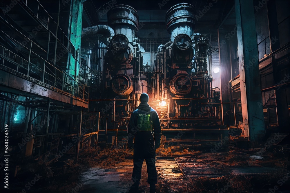 Poster urban explorer, sneaking through abandoned power plant in the dead of night, created with generative ai