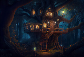 Obraz premium magical fantasy fairy tale scenery of tree house at night in a forest. Generate Ai.