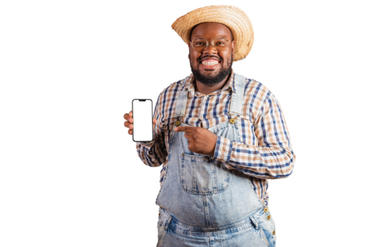 brazilian black man wearing country clothes from festa junina, festa de são joão. arraiá, holding smartphone, showing blank screen, apps, mobile.