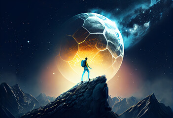 Professional football or soccer player in action on stadium with flashlights, kicking ball for winning goal illustration painting of man on top of mountain looking at another new planet. Generate Ai.