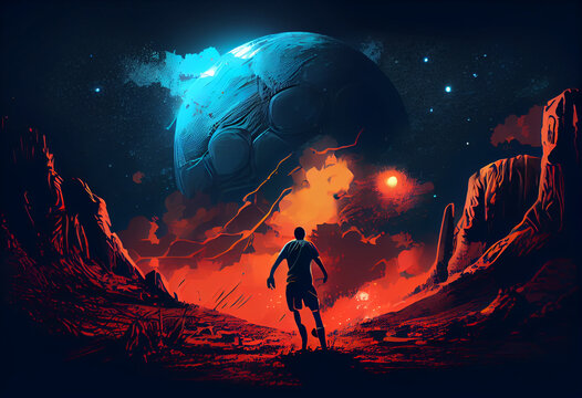 Professional football or soccer player in action on stadium with flashlights, kicking ball for winning goal illustration painting of man on top of mountain looking at another new planet. Generate Ai.