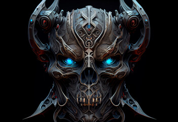 Skull devil cyborg samurai face, 3D rendering. Generate Ai.