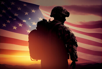 USA army soldiers saluting on a background of sunset or sunrise and USA flag. Generate Ai.