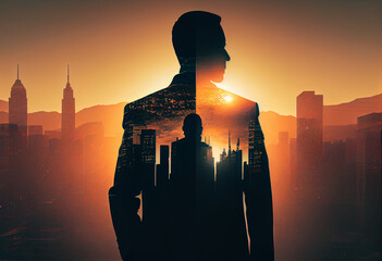 The double exposure image of the business man standing back during sunrise overlay with cityscape image. Generate Ai.