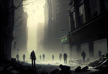 illustration painting of destroyed Abandoned City, Digital Illustration, Ruins Creepy Grunge Drawing Scary Horror Zombie Apocalypse, Buildings, Roads. Generate Ai.