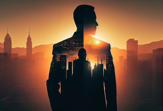 The double exposure image of the business man standing back during sunrise overlay with cityscape image. Generate Ai.