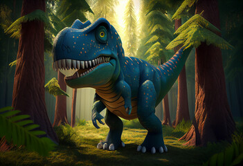 Tyrannosaurus. T. rex dinosaur cartoon character in the forest. Funny animal . Generate Ai.