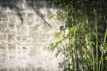 eroded white stone concrete wall, bamboo tree leaf shadow, decoration material background. Generative AI