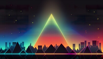 Fototapeta na wymiar Synth wave retro city with neon triangle . Creative illustration. (Ai Generate)