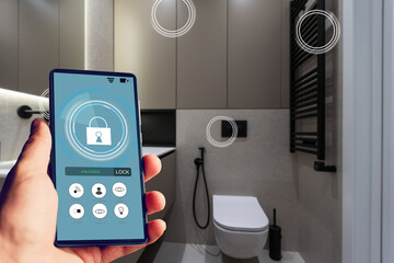 All the house in a phone. Close up of young woman user hands controlling electronic objects in modern luxury studio apartment via smart home interface on cell screen. Internet of things ios technology