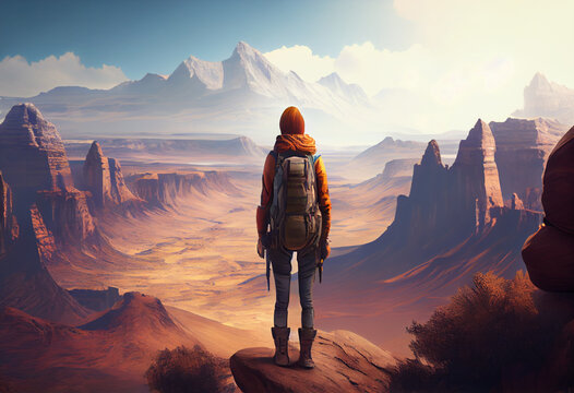 Woman with backpack, traveller or explorer standing on top of mountain or cliff and looking on valley. Generate Ai.