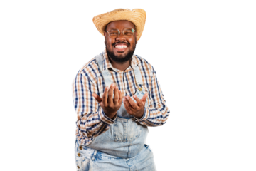 brazilian black man wearing country clothes from festa junina, festa de são joão. inviting with your hands, be very kind, come.