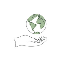 World on hand drawn in one continuous line with color spot. One line drawing, minimalism. Vector illustration.