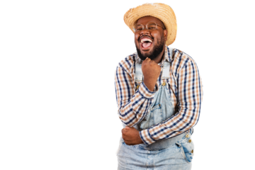brazilian black man wearing country clothes from festa junina, festa de são joão. celebrating, feasting, dancing arraiá.