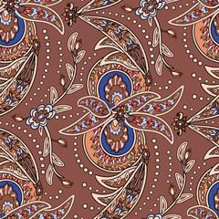 Persian floral seamless pattern. Paisley folck vector background using boteh or buta. Fantasy decorative repeating tiles with tropical flowers and leaves. Festivale style.