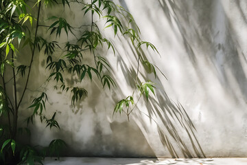 stone concrete wall, tropical bamboo tree leaf shadow, decoration material background. Generative AI