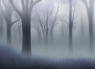 atmospheric abstract paining of a winter forest with trees shrouded in mist and frozen ground. generative ai illustration.