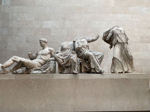 The Elgin Marbles, originally part of Parthenon and Acropolis of Athens. On display in the British Museum in Duveen Gallery. East Pediment depicts the birth of Athena.