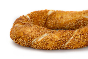 Turkish traditional bagel simit isolated on white background. Turkish Sesame Bagel.