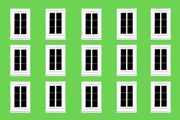 PVC Windows. Architecture background. Vibrant color red wall facade. Small town house exterior. Street of European city building. Window frames isolated on empty wall. Simple windows in a row.