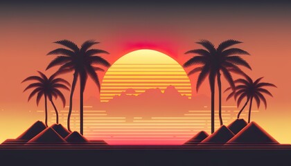 Fototapeta na wymiar Retrowave palm landscape sundown . Creative illustration. (Ai Generate)