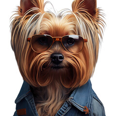 Yorkshire terrier in sunglasses. Transparent background.
