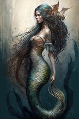 underwater fantasy world beautiful mermaid with tail in ocean created by generative AI.