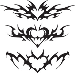 Neo tribal y2k tattoo with heart shape. Cyber sigilism style hand drawn ornaments. Vector illustration of black gothic tribal tattoo designs
