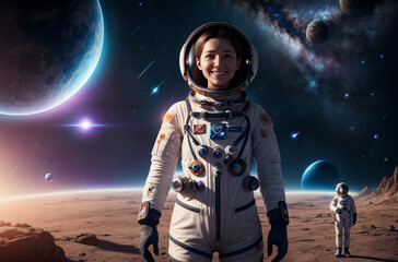 A female astronaut in a spacesuit smiles against the background of a fantastic space landscape. Portrait of a woman in a space outfit in space. Generative AI.