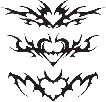 Neo tribal y2k tattoo with heart shape. Cyber sigilism style hand drawn ornaments. Vector illustration of black gothic tribal tattoo designs

